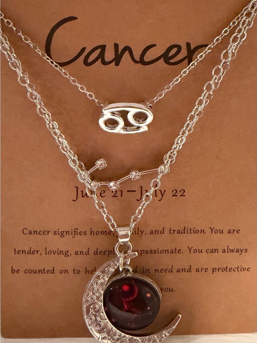 Cancer Zodiac Layered Necklace Set with Red Moon Pendant - Silver Tone